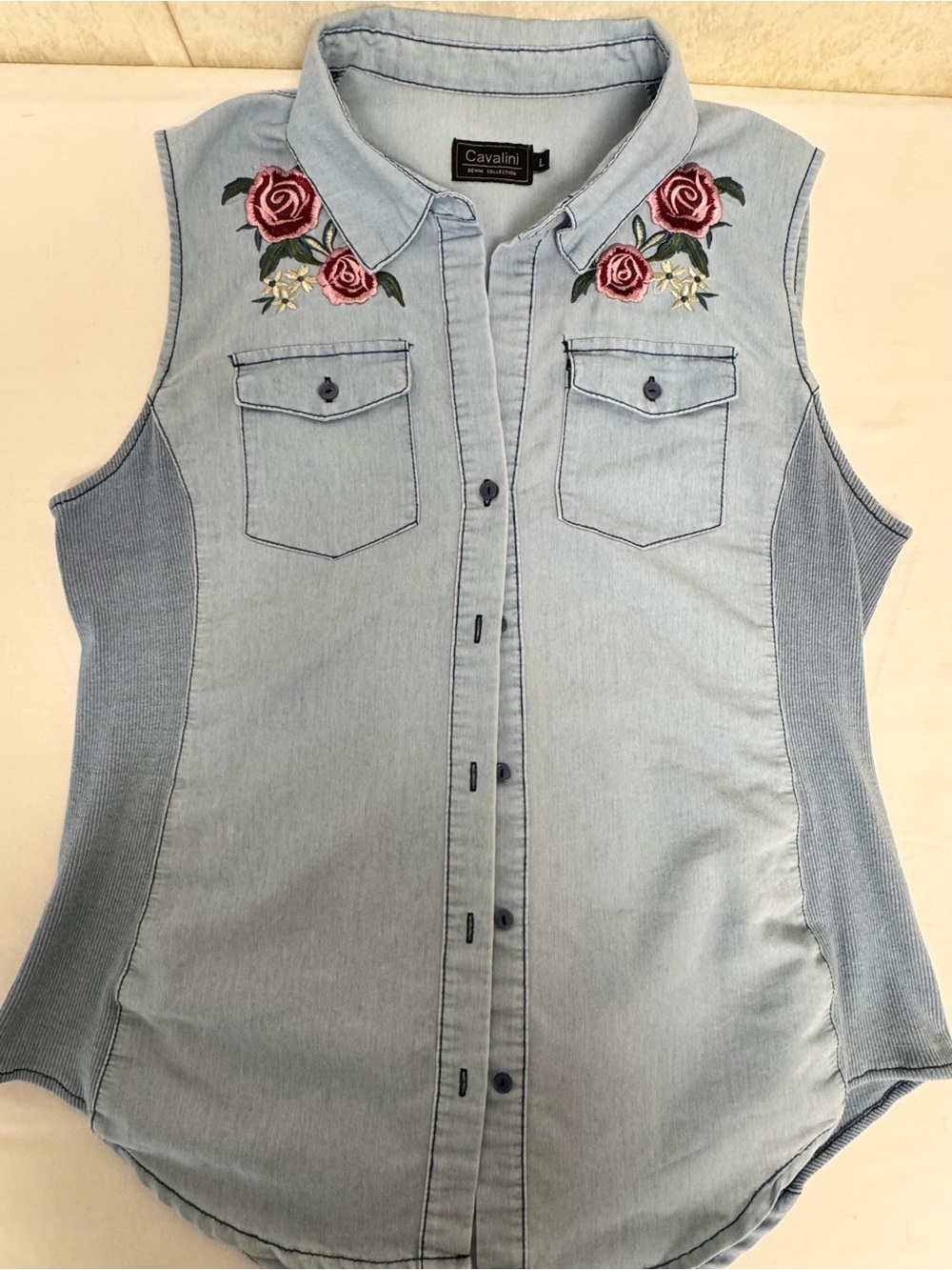 Cavalini Light Blue Sleeveless Chambray Shirt with Rose Embroidery